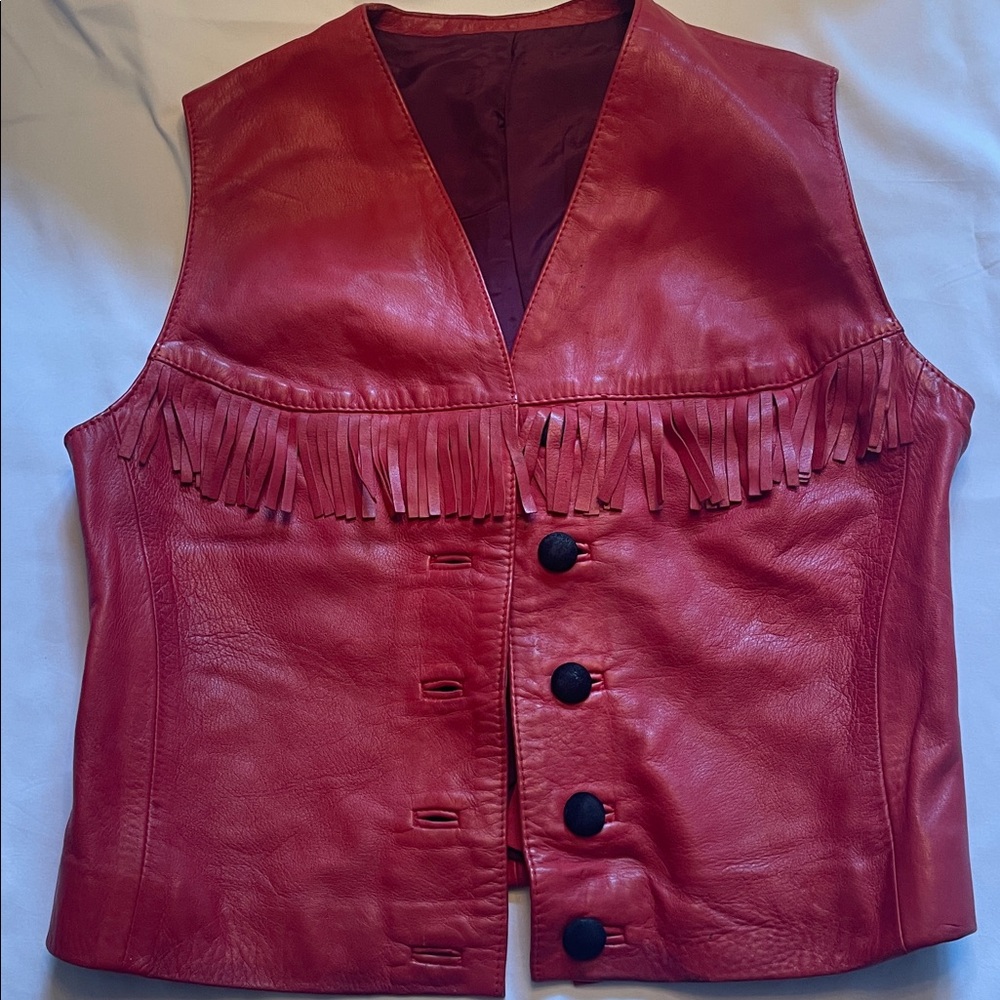 VINTAGE Red Leather Fringe Vest